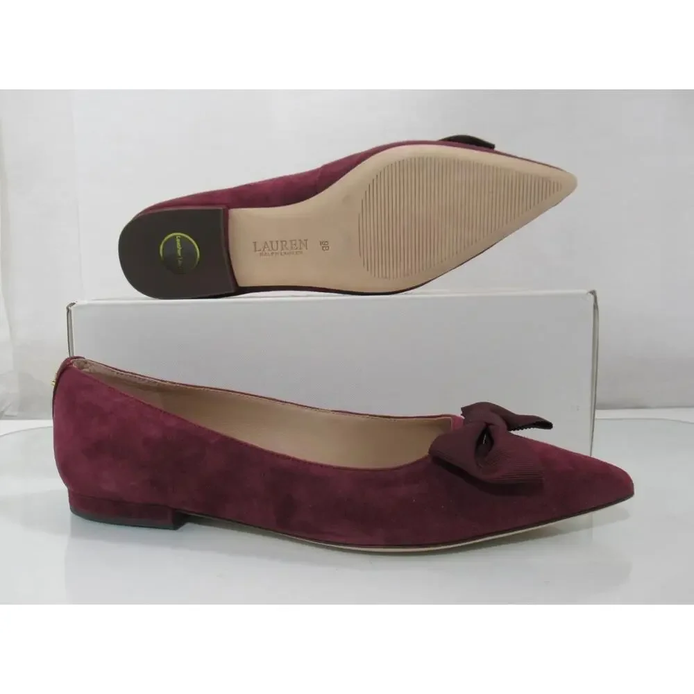 LAUREN Ralph Lauren Londyn Bow Ballet Flat Shoes Suede Red Burgundy Size 9